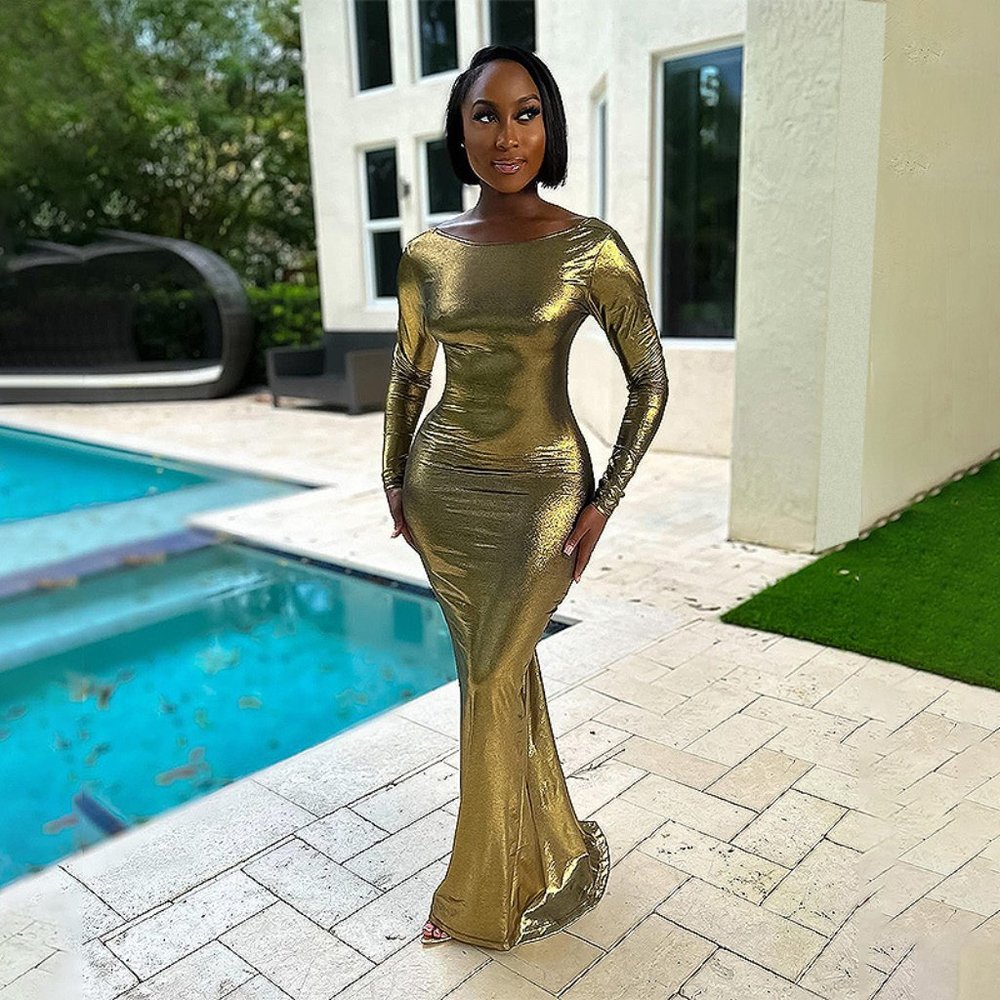 Metallia's Long Sleeve Backless Long Glossy Dress - Picture 2 of 5